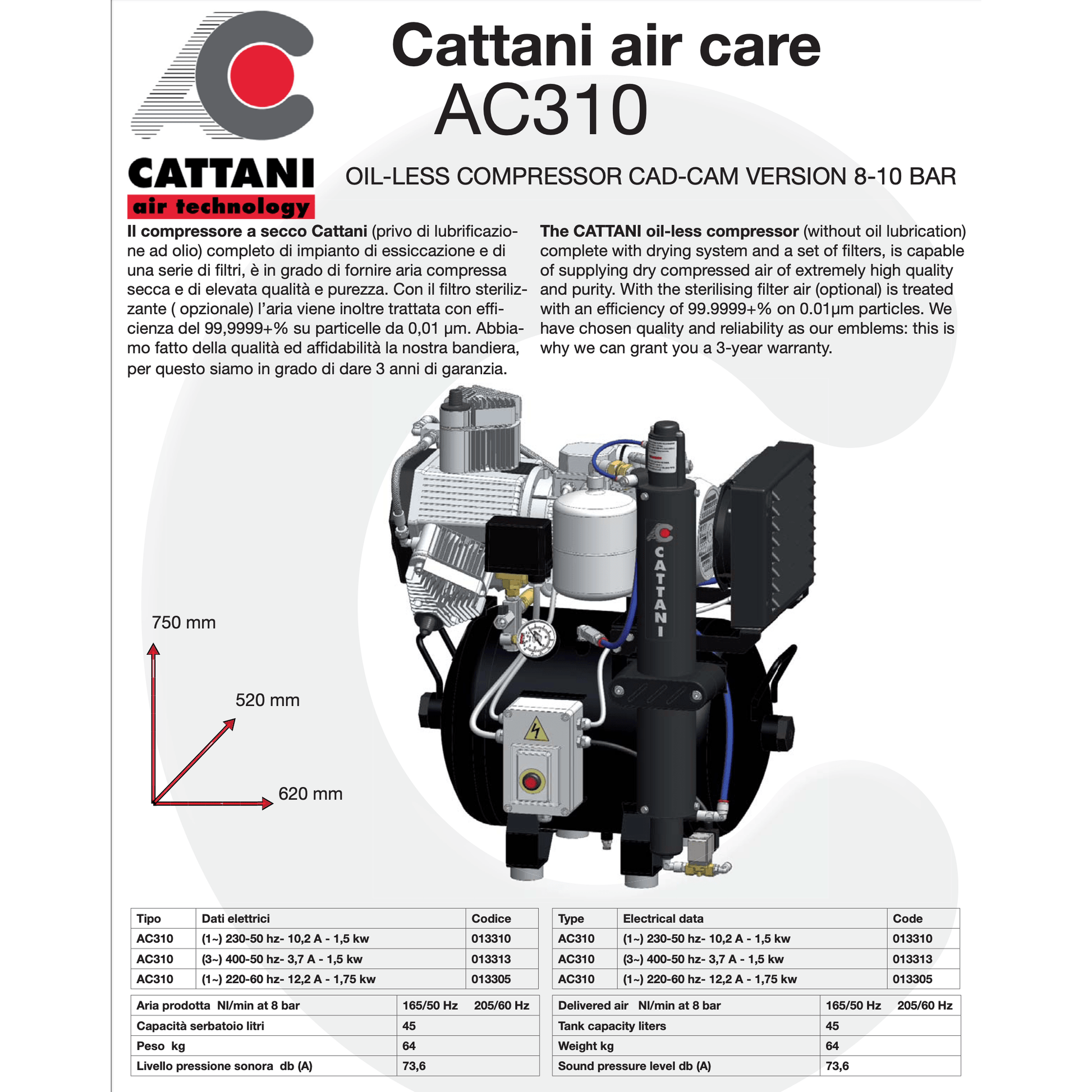 Cattani Oil-less Compressors AC310 (With Dryer)