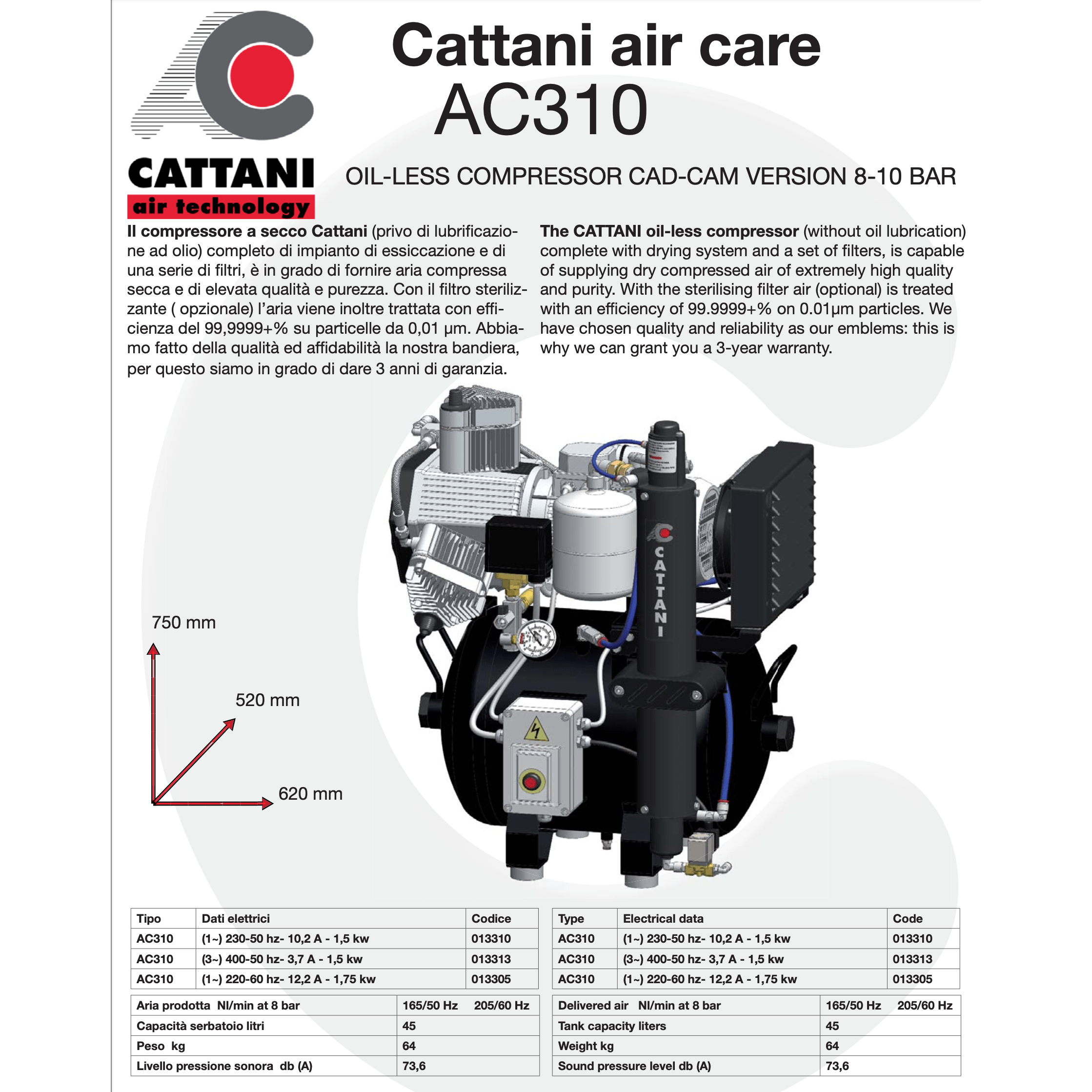 Cattani Oil-less Compressors AC310 (With Dryer)